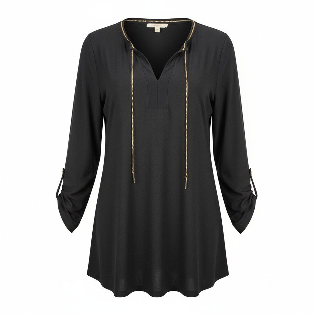 Agenda black knit long sleeve top with gold chain Size XL